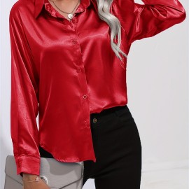 Solid Smoothly Shirt, Elegant Button Front Turn Down Collar Long Sleeve Shirt, Women's Clothing