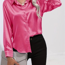 Solid Smoothly Shirt, Elegant Button Front Turn Down Collar Long Sleeve Shirt, Women's Clothing