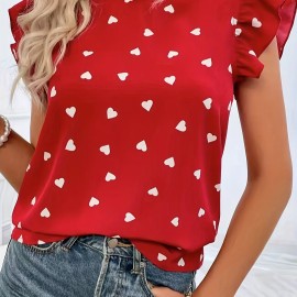Heart Print Ruffle Trim Blouse, Casual Pleated Crew Neck Blouse For Spring & Summer, Women's Clothing