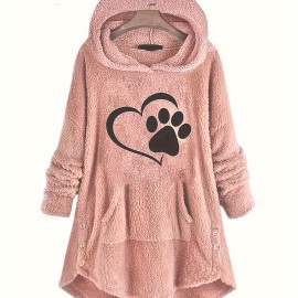 Dog Paw Heart Print Fuzzy Hoodie, Cute Cat Ear Button Winter Sweatshirt, Women's Clothing