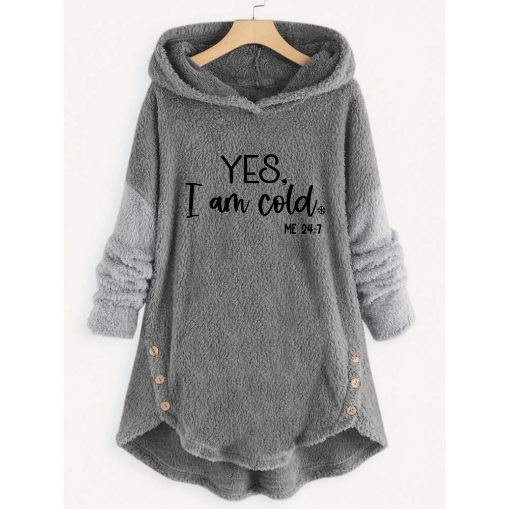 Letter Print Fleece Loose Hoodie, Casual Button Long Sleeve Warm Sweatshirt, Women's Clothing