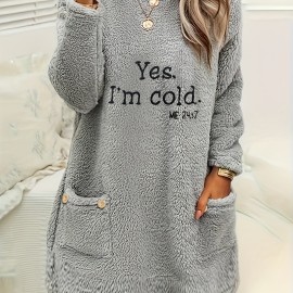 Letter Print Patched Pockets Sweatshirt, Casual Drop Shoulder Button Decor Plush Sweatshirt, Women's Clothing