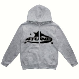 Y2K Letter & Star Print Sweatshirt, Long Sleeve Crew Neck Zip Up Hoodies Sweatshirts, Women's Clothing