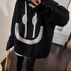 Smile Face Print Drawstring Hoodie, Casual Long Sleeve Drop Shoulder Top, Women's Clothing
