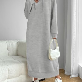 Solid Drawstring Hooded Dress, Casual Long Sleeve Loose Dress, Women's Clothing