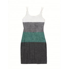 Color Block Coconut Tree Print Cami Dress, Casual Spaghetti Strap Dress, Women's Clothing