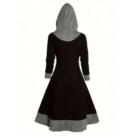 Contrast Trim Drawstring Hooded Dress, Casual Long Sleeve Dress For Spring & Fall, Women's Clothing