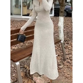 Ribbed V Neck Dress, Casual Long Sleeve Dress For Fall & Winter, Women's Clothing