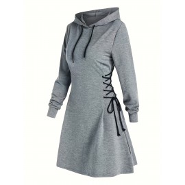 Drawstring Hooded Dress, Casual Long Sleeve Solid Dress, Women's Clothing