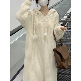 Solid Long Sleeve Hooded Knit Dress, Casual Drawstring Thermal Dress For Fall & Winter, Women's Clothing