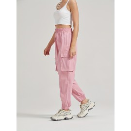 Solid Jogger Cargo Pants 2 Pack, Casual Flap Pocket Elastic Waist Pants, Women's Clothing