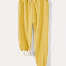 Solid Drawstring Thermal Sweatpants, Versatile Loose Comfy Jogger Pants, Women's Clothing