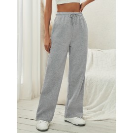 Solid Drawstring Wide Leg Pants, Casual Dual Pockets Pants, Women's Clothing