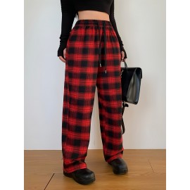 Plaid Print Straight Leg Pants, Casual Drawstring Waist Comfy Pants, Women's Clothing